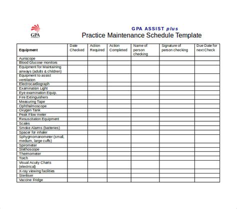 Equipment Maintenance Schedule Template Excel Task List Templates