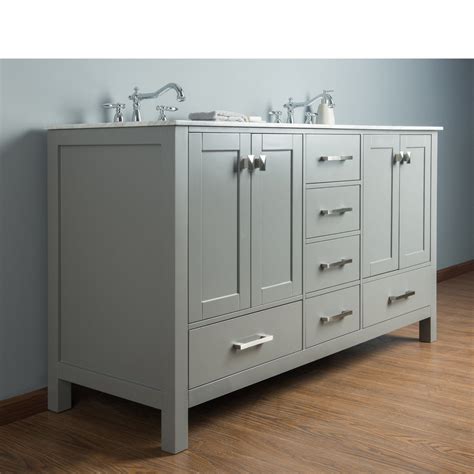 The providence 60, double sink, driftwood vanity by james martin furniture features pewter finish plantation style door hardware and drawer pulls adorn two doors, with shelves for storage, and four drawers, with the bottom drawer on either side being double height for taller items. Stufurhome 60 inch Malibu Grey Double Sink Bathroom Vanity ...