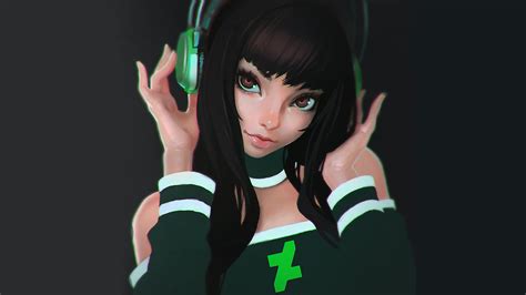 Female Character With Green Headphones Illustration Digital Art