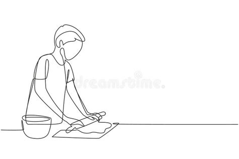 Single Continuous Line Drawing Young Man Making Cookie Dough Using