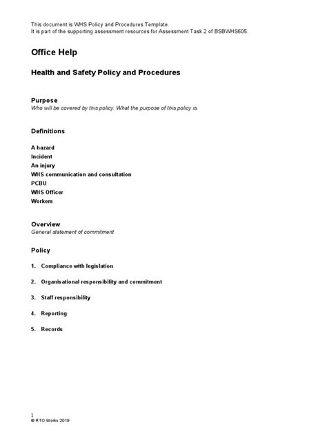 Whs Policy And Procedures Template Pdf