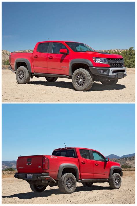 The Red Truck Is Parked In The Desert And There Are Two Pictures Of It