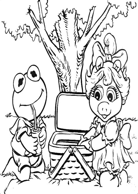 Baby Kermit And Miss Piggy On A Picnic Coloring Page Colouringpages