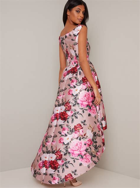 V Neck Floral Print Pleat Dip Hem Midi Dress In Brown Chi Chi London