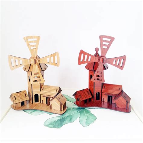 wooden solar energy powered 3d rotatable windmill assembly diy puzzle jigsaw building model