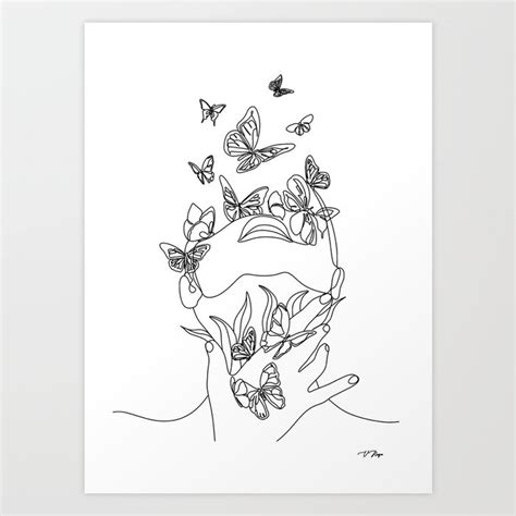 Woman Face With Butterfly Line Art Female Hands With Butterflies