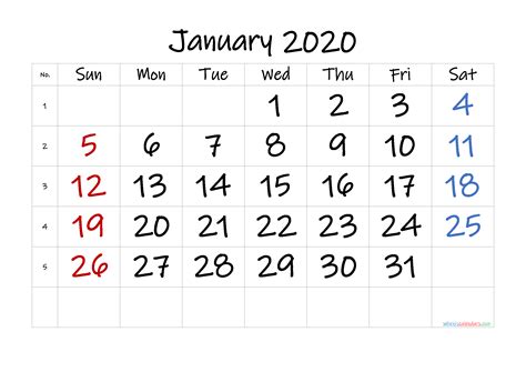 Free Printable Calendar 2020 January 6 Templates