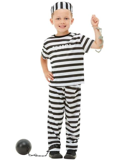 Kids Childrens Prisoner Costume Unisex Black And White Striped Convict