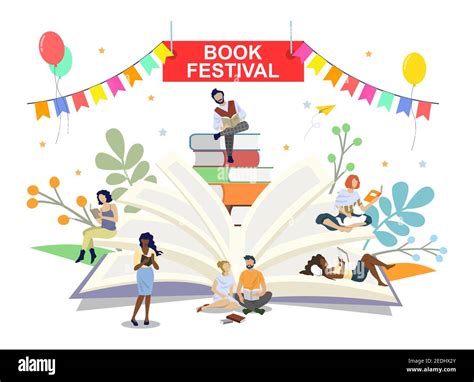 Book Festival Poster Banner Vector Template People Reading Books