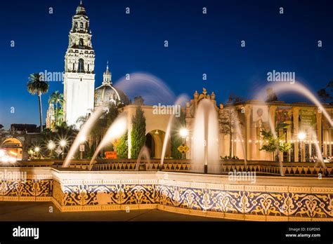 The Plaza De Panama Fountain And The California Tower Illuminated At