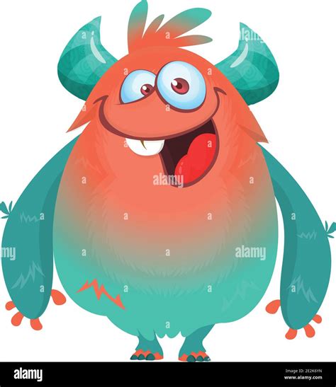 Cute Cartoon Monster With Horns Smiling Monster Emotion With Big Mouth Halloween Vector