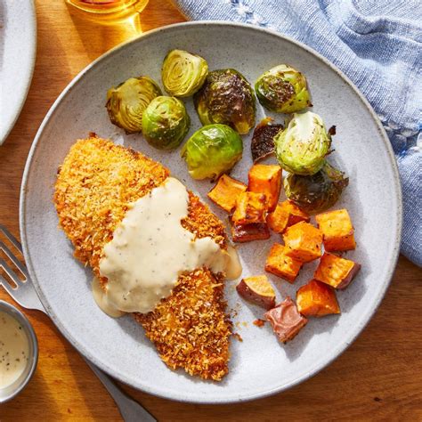 Cover the chicken in the panko breadcrumbs and place on a baking sheet. Panko-Crusted Chicken & Maple Dipping Sauce with Roasted ...