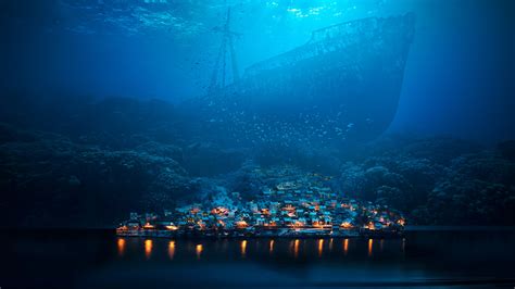 Underwater Ship Shipwreck Abyss Fish Sea Town Night Fantasy Art