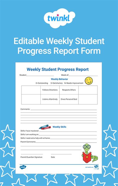 Editable Weekly Student Progress Report Form For Teachers Progress