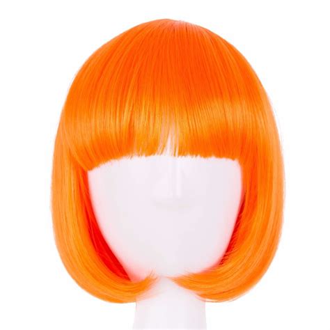 Fei Show Short Wavy Wig Flat Bangs Bob Orange Hair Synthetic Heat