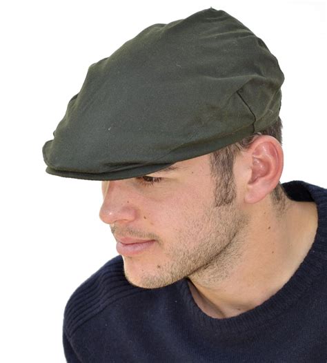 Mens Wax Cotton Flat Cap With Fleece Thinsulate Lining 57cm Olive