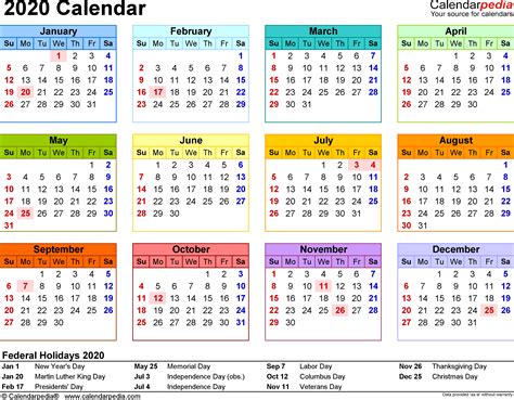 Template 8 2020 Calendar For Word Year At A Glance 1 Page In Color