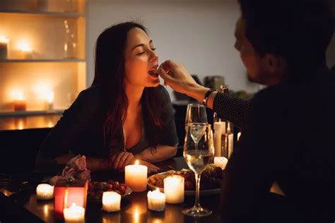Beautiful Passionate Couple Having Romantic Candlelight Dinner Home Man