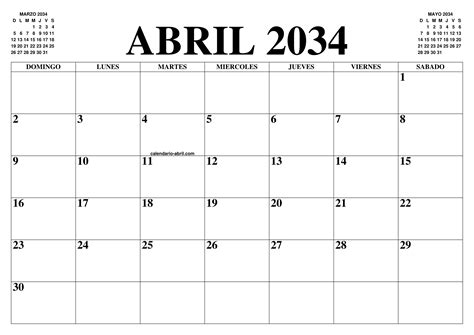 Calendario Abril 2034 El Calendario Abril Para Imprimir Gratis Mes