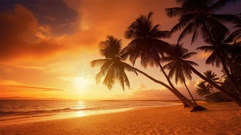 Paradise Beach Sunset Tropical Palm Trees Travel Promotion Banner