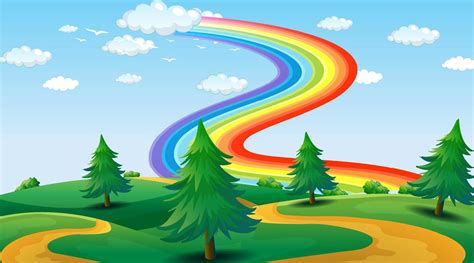 Park Landscape Scene With Rainbow In The Sky Vector Art At Vecteezy