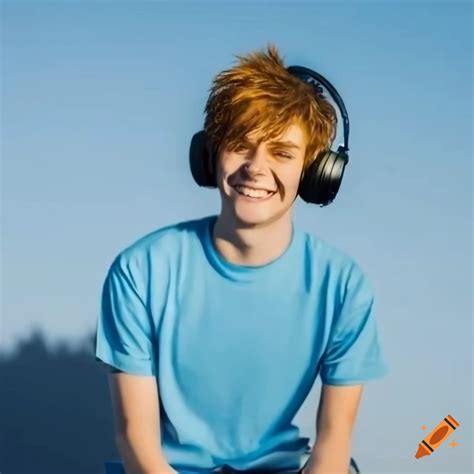 Happy 19 Year Old Man In Blue T Shirt And Shorts With Black Headphones