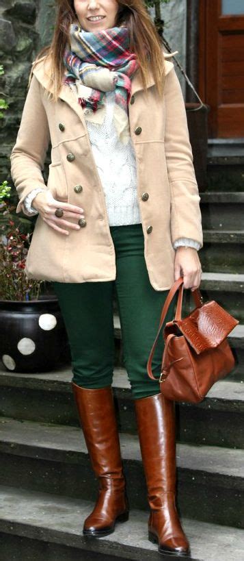 Plaid Scarf Neutral Coat Hunter Green Skinnies Brown Boots And Handbag Street Style