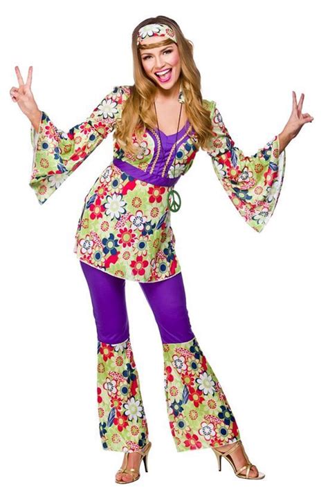 Ladies Hippie 60s 70s Hippy Flower Fancy Dress Costumes Flares Adult