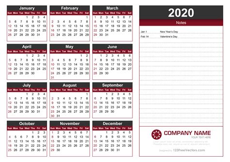 Free Yearly Calendar 2020 Printable