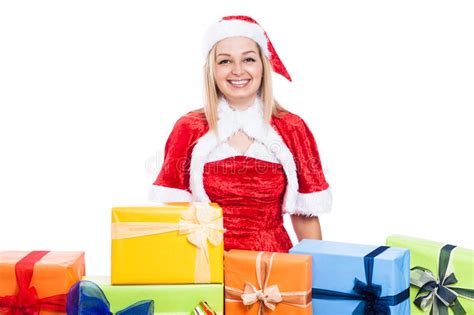 Smiling Christmas Woman Giving Present Stock Image Image Of Funny Adult 32695529