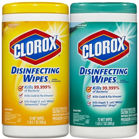 Clorox disinfecting wipes, bleach free cleaning wipes, fresh scent, moisture seal lid, 75 wipes, pack of 3 (new packaging) 38,785 $11.97 $ 11. Clorox Disinfecting Wipes Value Pack, Scented, 150 Count ...