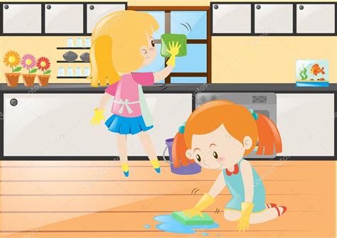 Una cocina limpia nos incentiva a cocinar de una forma más agradable y más saludable. Two girls cleaning kitchen and floor — Stock Vector ...