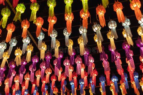 Colorful Hanging Lanterns Lighting On Night Sky In Loy Krathong