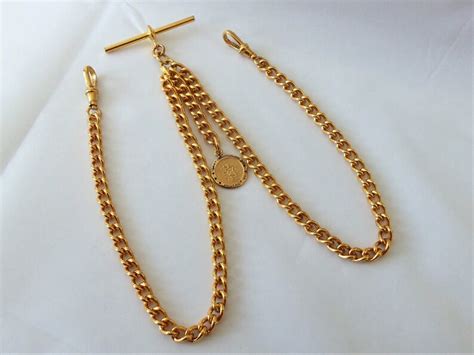 Gold Plated Double Albert Pocket Watch Fob Chain With St Etsy