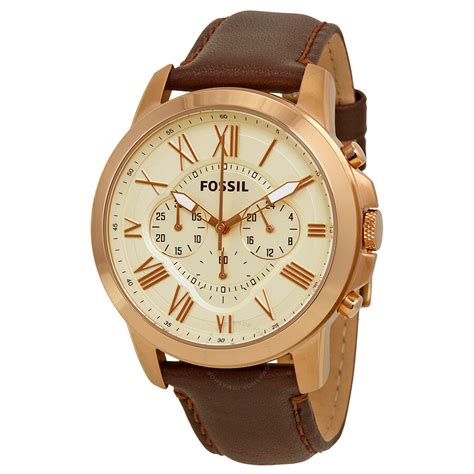 Fossil Grant Chronograph Eggshell Dial Brown Leather Mens Watch Fs4991