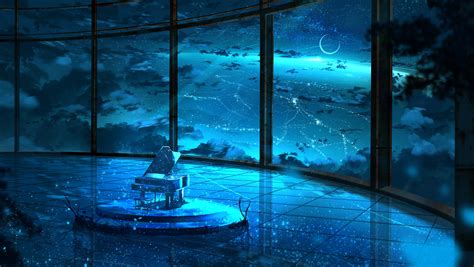 Download 4174x2352 Anime Scene Piano Starry Sky Night Windows Moon Scenery Wallpapers