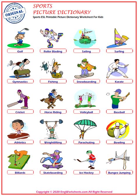 Sports Esl Printable Picture Dictionary Worksheet For Kids Image
