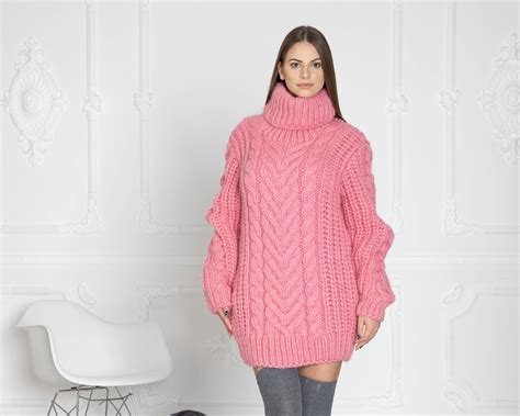 Pink Cable knit sweater. Hand knit sweater. T neck sweater. Big knit sweater. Cables sweater ...