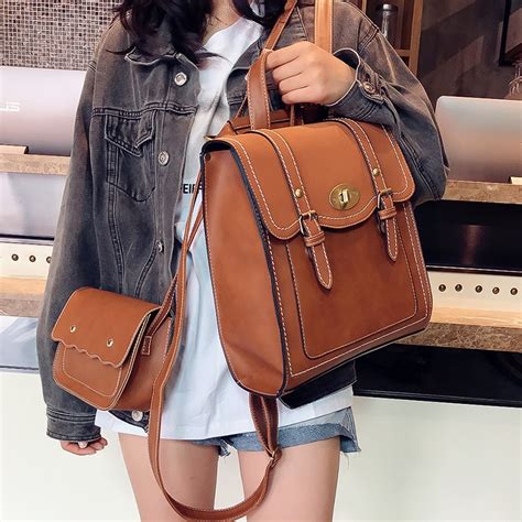 2019 New Fashion Backpack 2pcs Set Women Backpack Pu Leather School Bag