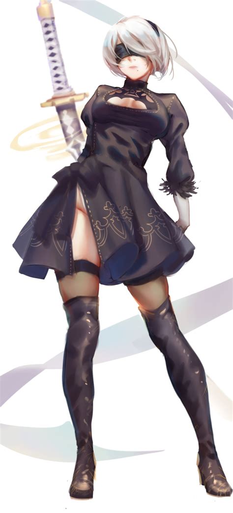 Safebooru 1girl Absurdres Black Blindfold Black Dress Black Hairband Blindfold Boots Cleavage