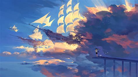 Wallpaper Hanyijie Sky Scenery Ship Anime Art 1920x1080