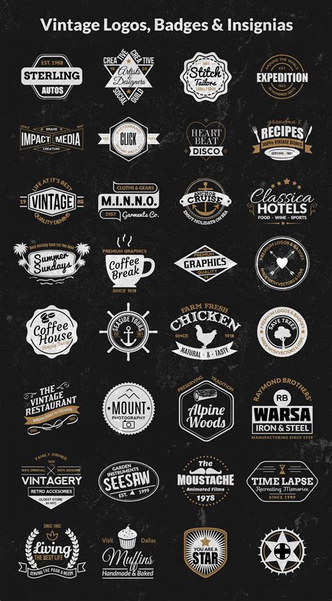 Vintage Badges And Insignias Are Displayed On A Black Background