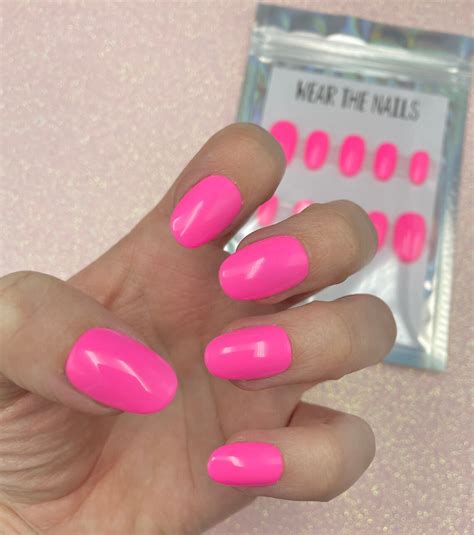 Press On Nails Neon Pink Ready To Ship Medium Oval Size Etsy