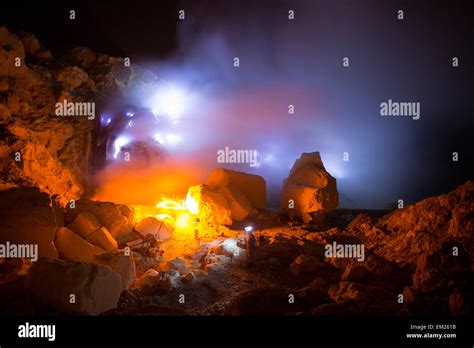 Sulfur Miners Start Their Night Shift At The Mine Inside The Crater Of