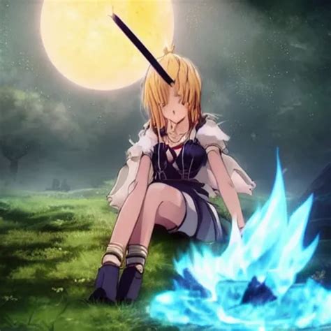 Krea A Beautiful Anime Girl Sitting By A Dark Souls Bonfire Holding A