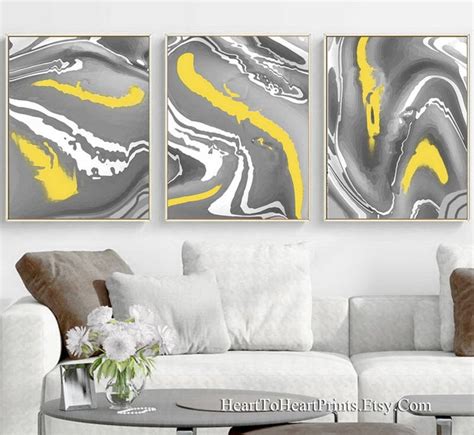 Yellow Gray Abstract Painting Printable Wall Art Set Of 3 Etsy