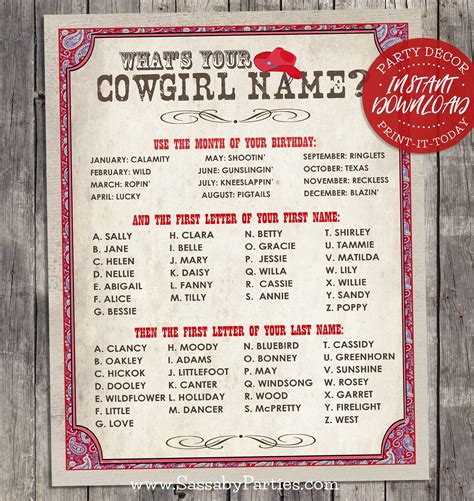 Cowgirl Name Poster Red Instant Download Whats Etsy
