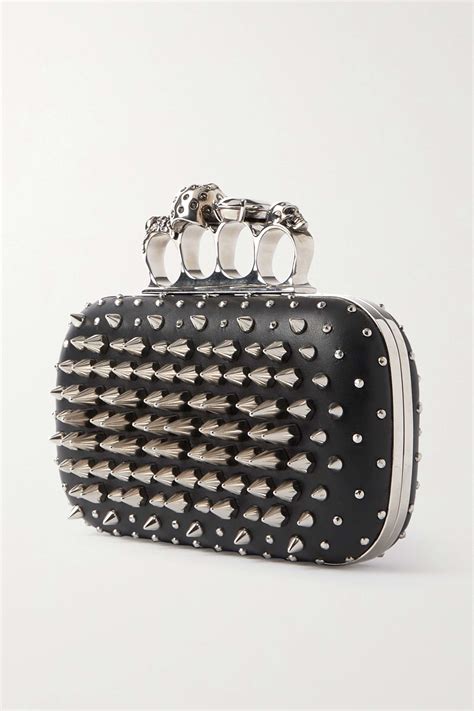 Black Four Ring Embellished Leather Clutch Alexander Mcqueen Net A