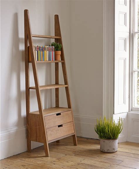 Natural Polished Teak Wood Rustic Wall Ladder Bookshelf Having Double