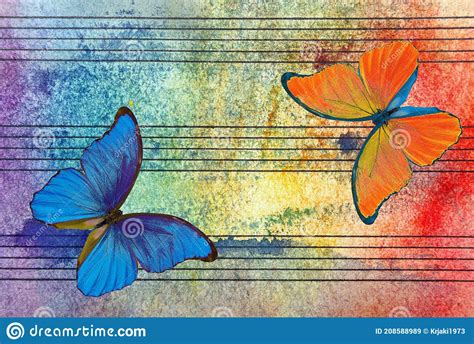 Colorful Morpho Butterflies And Notes Photo Of Old Music Sheet In Blue